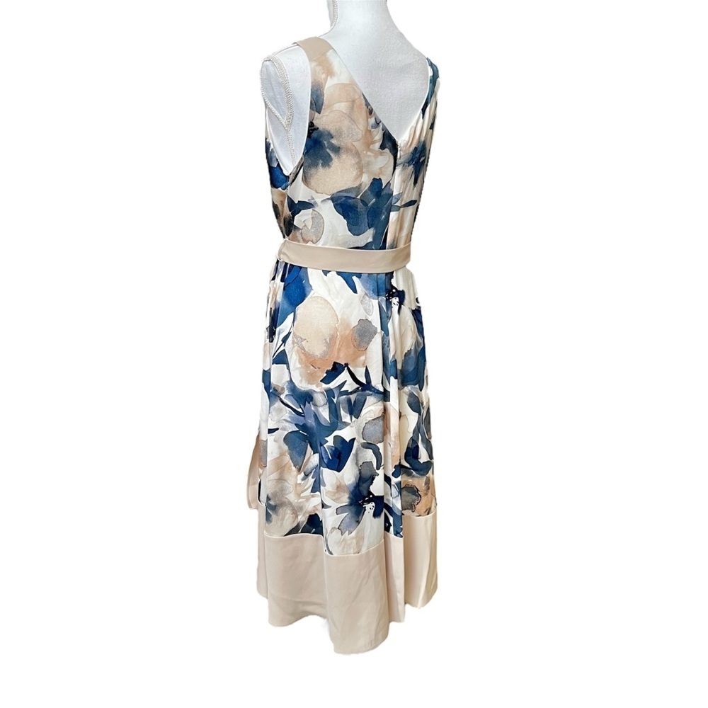 DKNY Long Sleeveless Cream Tan & Navy Blue Floral Dress Faux Wrap Size 8 NWT - Picture 6 of 16
